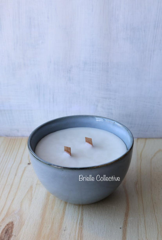 Blue Ceramic Glaze Wooden Wick Candle Bowl - Brielle Collective