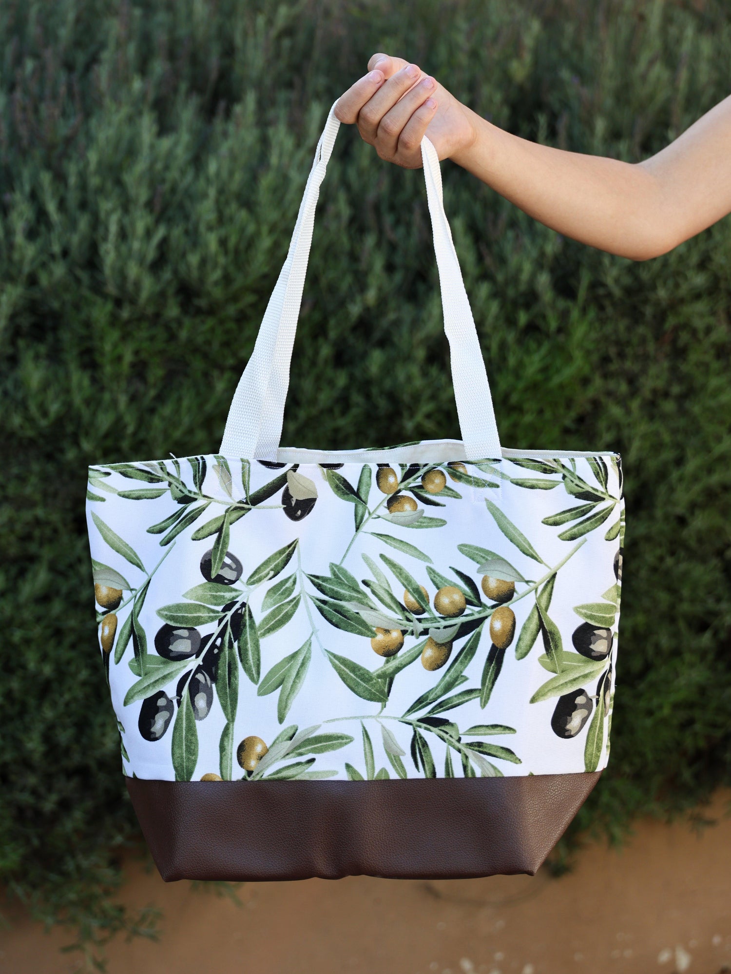 Olive White Broad Base Tote Bag - Brielle Collective