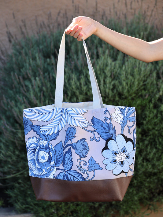 Blue Flower and Light Grey Broad Base Tote Bag - Brielle Collective